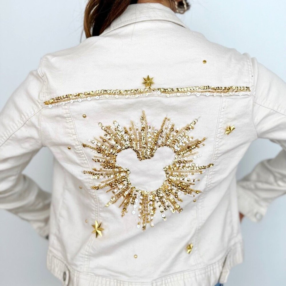 Handmade Upcycled Disney Jean Jacket sz S Sequin Embellished Mickey Denim Gold